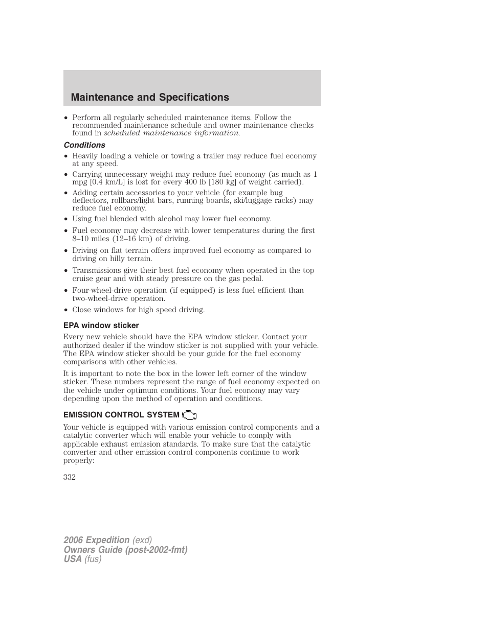 Conditions, Epa window sticker, Emission control system | Maintenance and specifications | FORD 2006 Expedition v.1 User Manual | Page 332 / 360