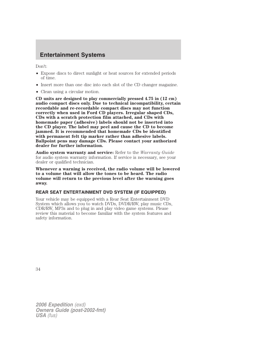 Rear seat entertainment dvd system (if equipped), Rear seat entertainment system, Entertainment systems | FORD 2006 Expedition v.1 User Manual | Page 34 / 360