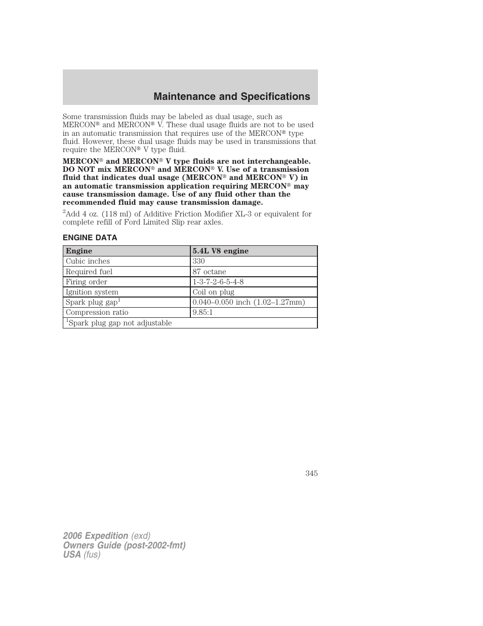 Engine data, Maintenance and specifications | FORD 2006 Expedition v.1 User Manual | Page 345 / 360