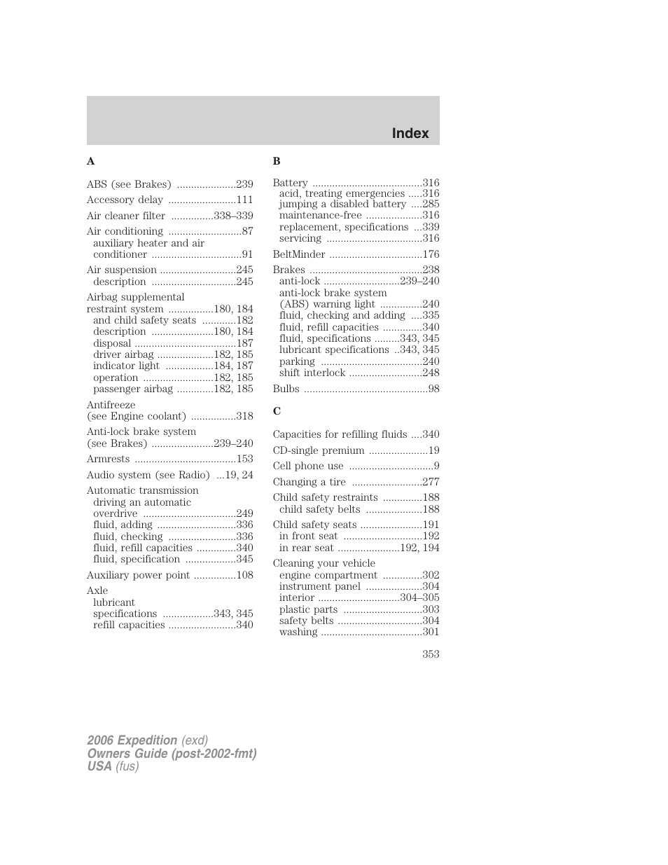 Index | FORD 2006 Expedition v.1 User Manual | Page 353 / 360