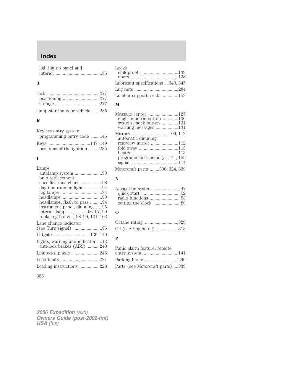 Index | FORD 2006 Expedition v.1 User Manual | Page 356 / 360