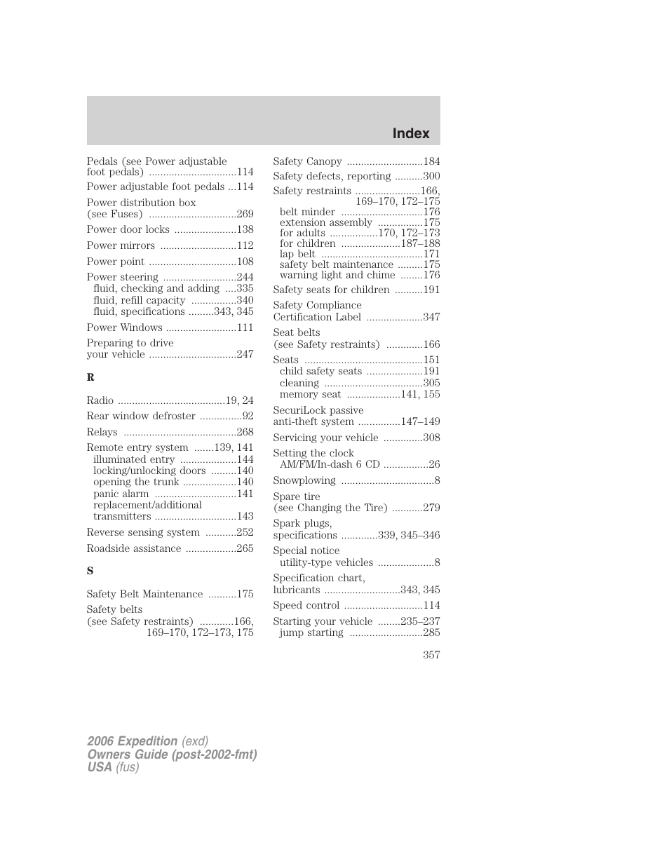 Index | FORD 2006 Expedition v.1 User Manual | Page 357 / 360