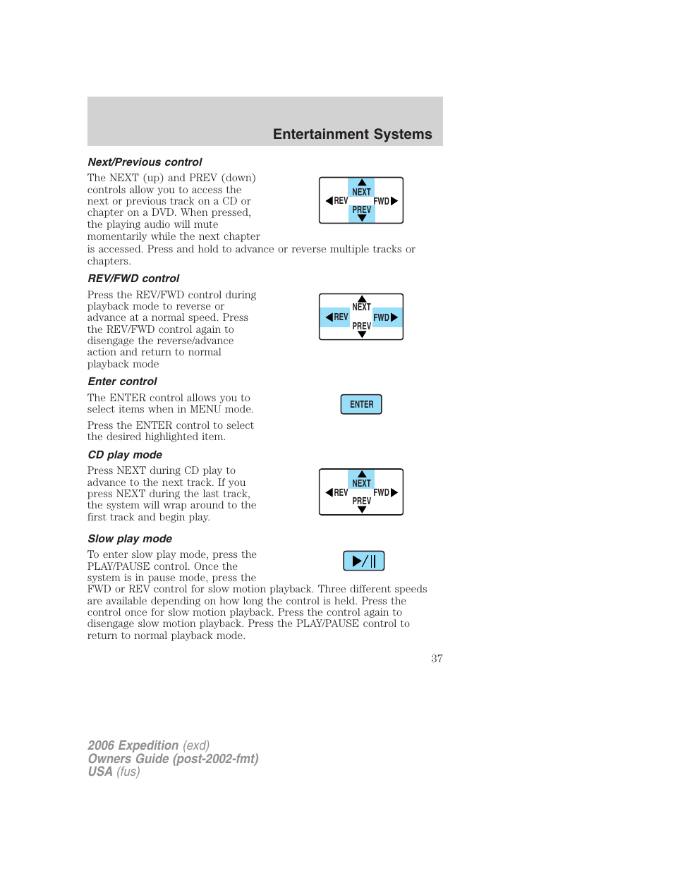 Next/previous control, Rev/fwd control, Enter control | Cd play mode, Slow play mode, Entertainment systems | FORD 2006 Expedition v.1 User Manual | Page 37 / 360