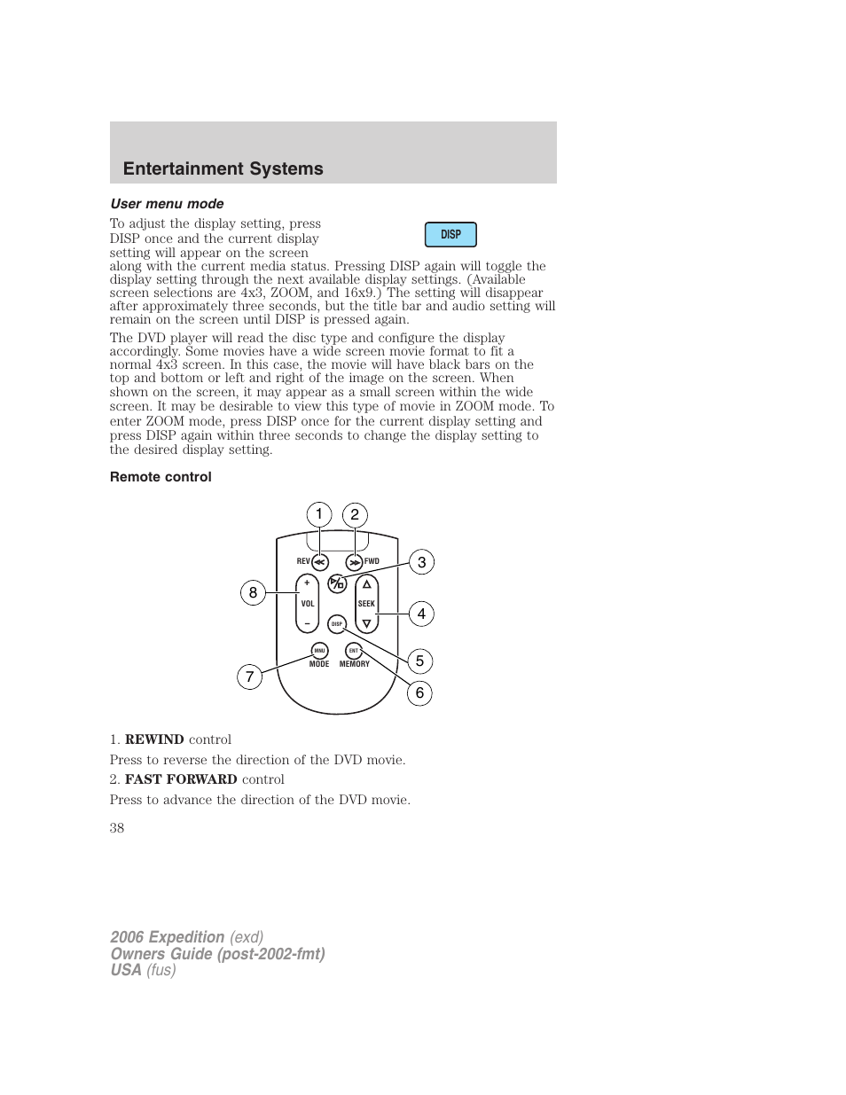 User menu mode, Remote control, Entertainment systems | FORD 2006 Expedition v.1 User Manual | Page 38 / 360
