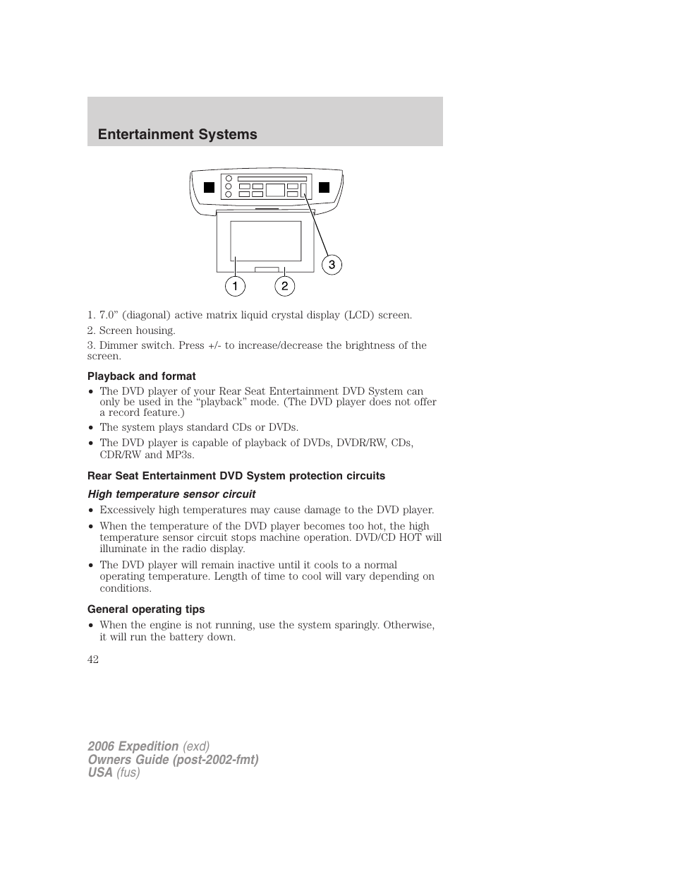 Playback and format, High temperature sensor circuit, General operating tips | Entertainment systems | FORD 2006 Expedition v.1 User Manual | Page 42 / 360