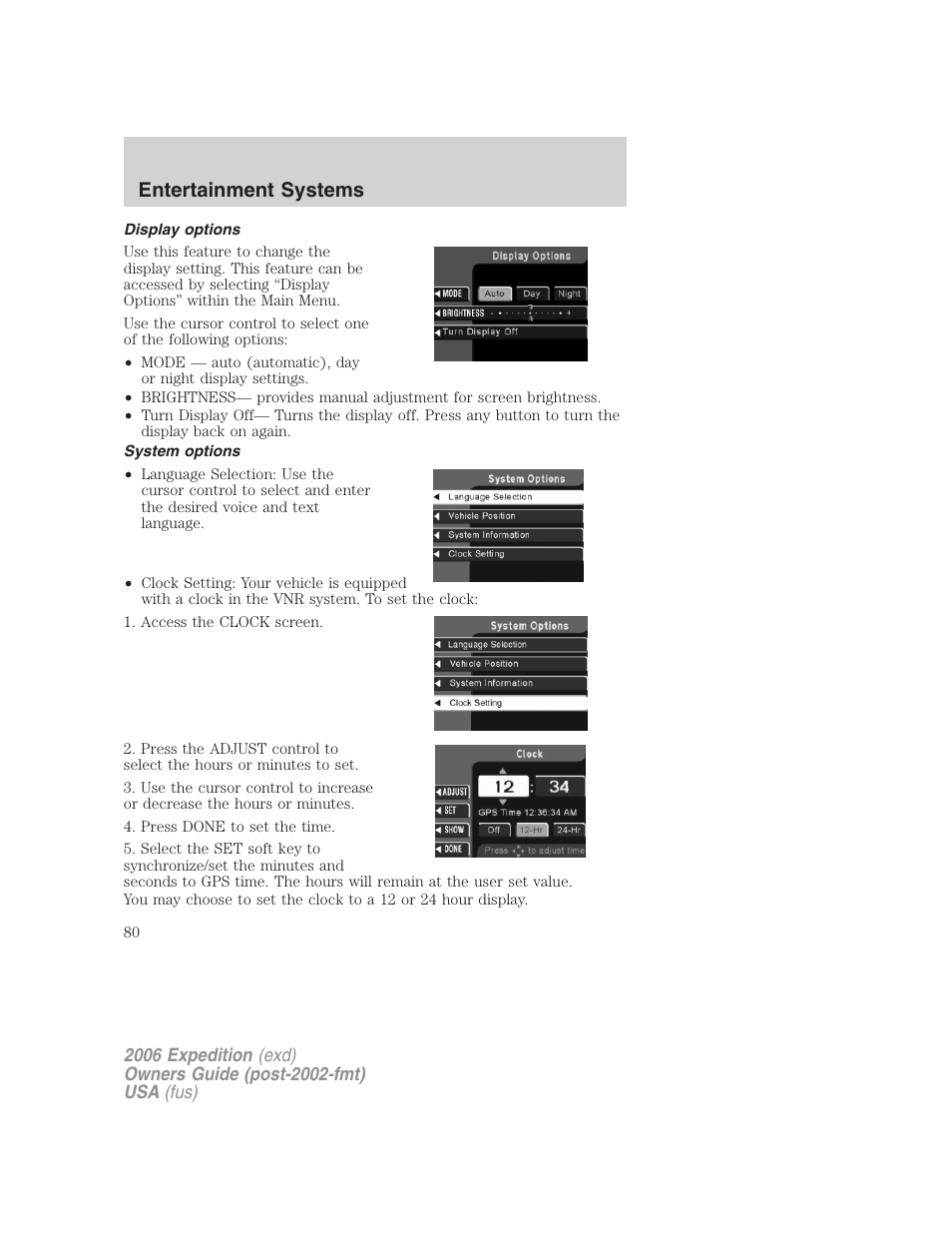 Display options, System options, Entertainment systems | FORD 2006 Expedition v.1 User Manual | Page 80 / 360
