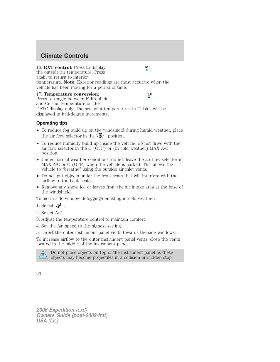 Operating tips, Climate controls | FORD 2006 Expedition v.1 User Manual | Page 90 / 360