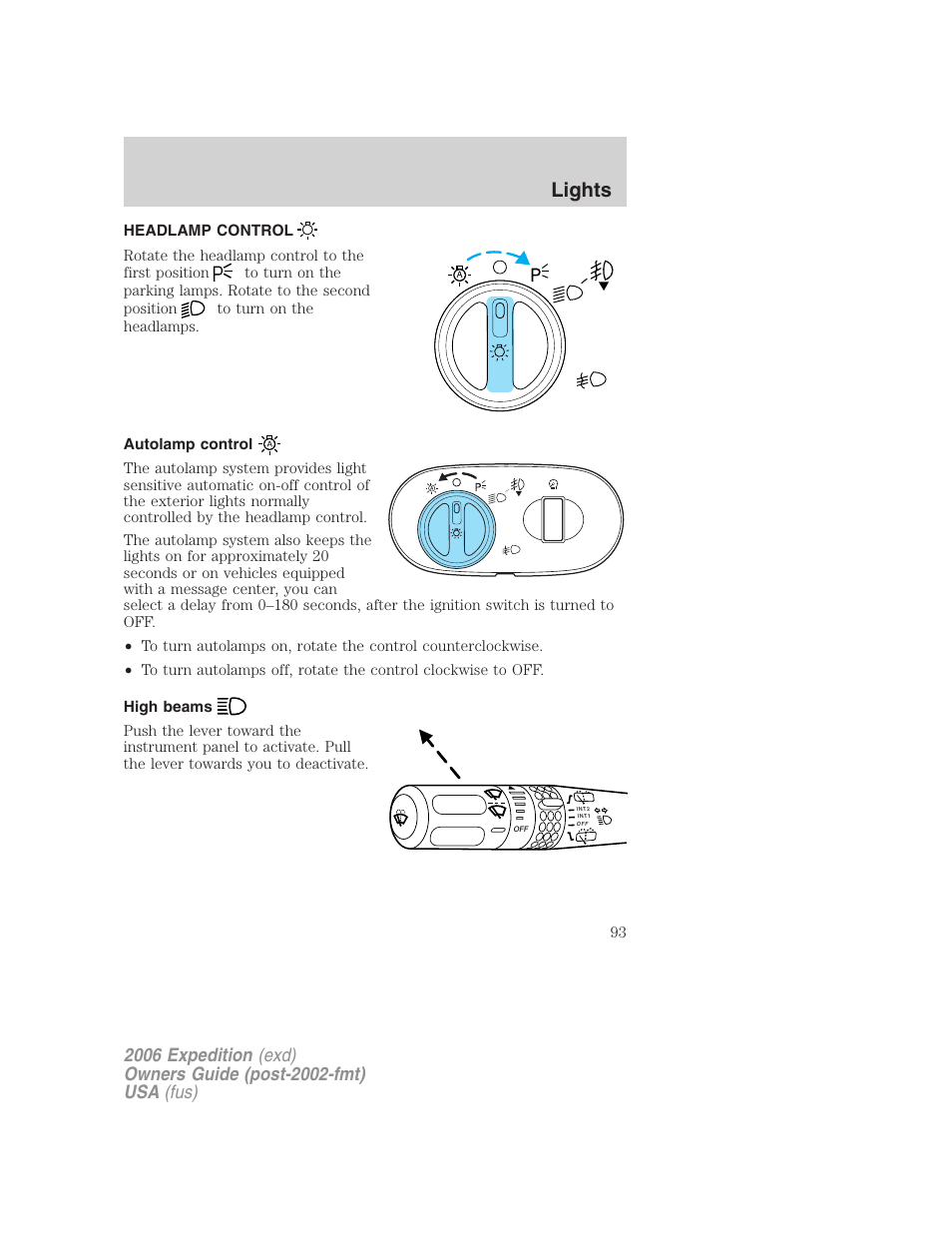 Lights, Headlamp control, Autolamp control | High beams, Headlamps | FORD 2006 Expedition v.1 User Manual | Page 93 / 360