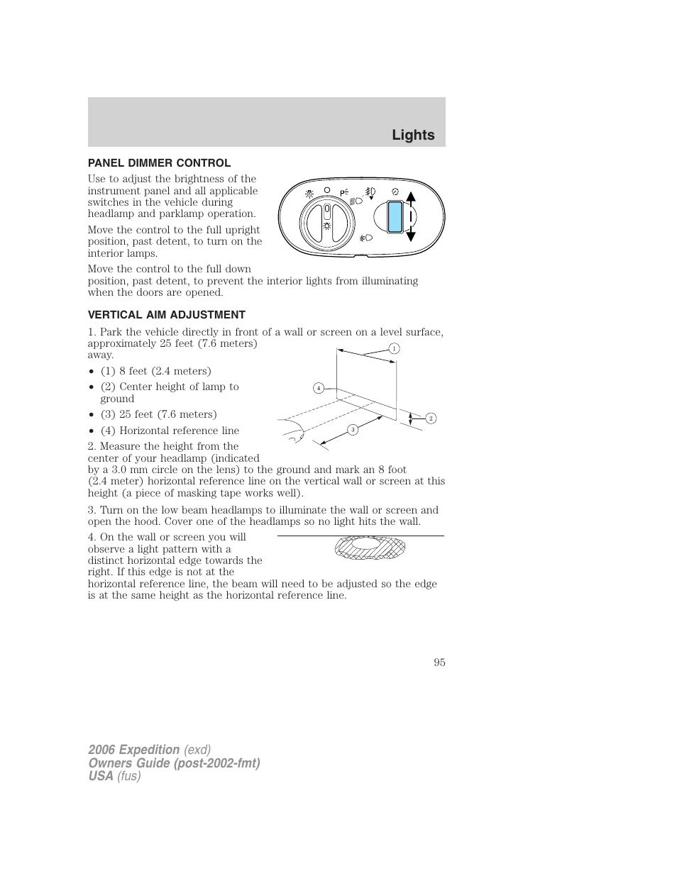 Panel dimmer control, Vertical aim adjustment, Lights | FORD 2006 Expedition v.1 User Manual | Page 95 / 360