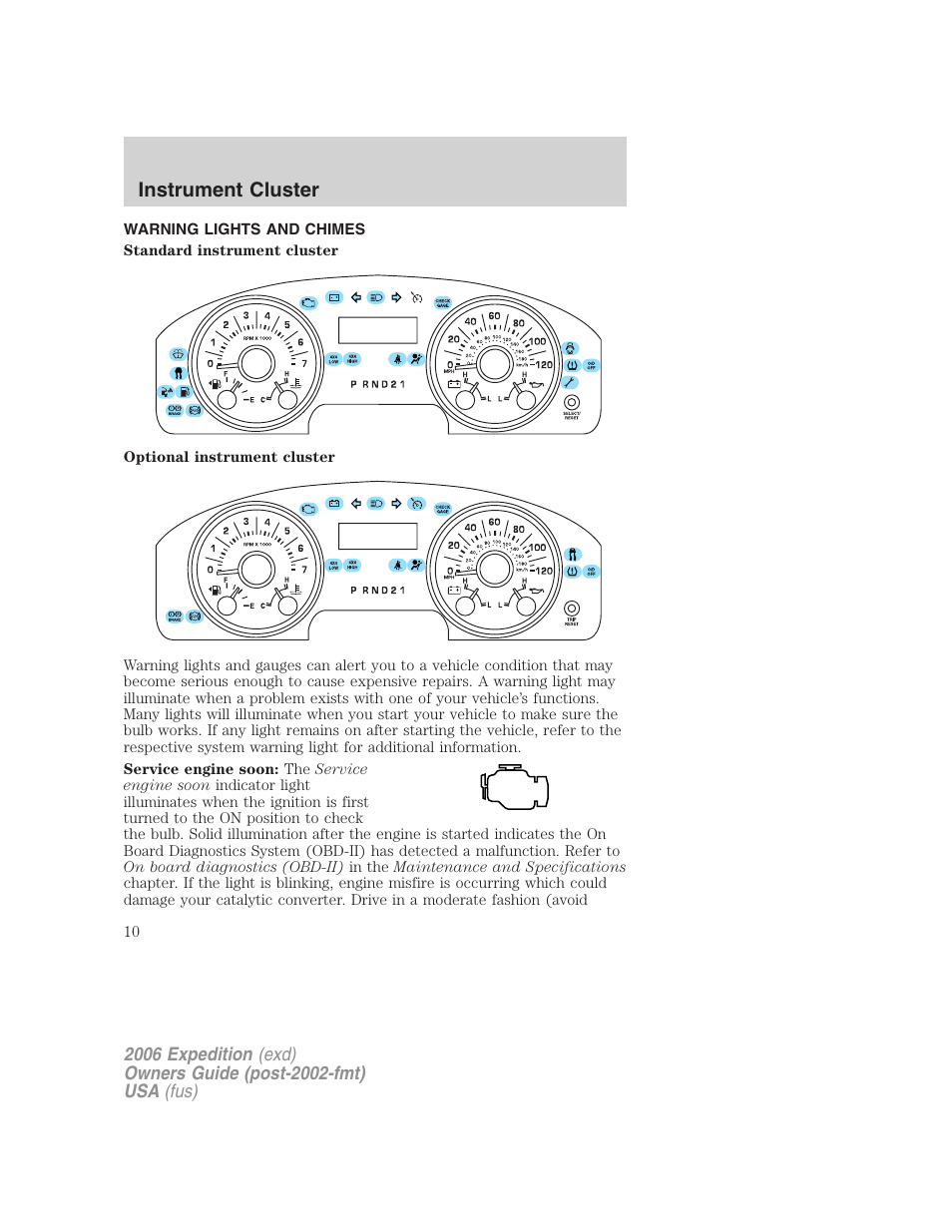 Instrument cluster, Warning lights and chimes, Warning and control lights | FORD 2006 Expedition v.2 User Manual | Page 10 / 368