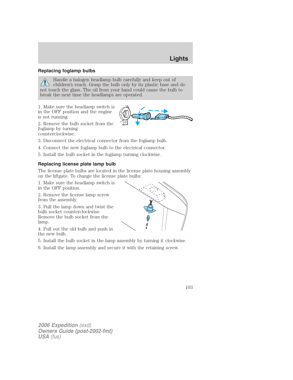 Replacing foglamp bulbs, Replacing license plate lamp bulb, Lights | FORD 2006 Expedition v.2 User Manual | Page 103 / 368