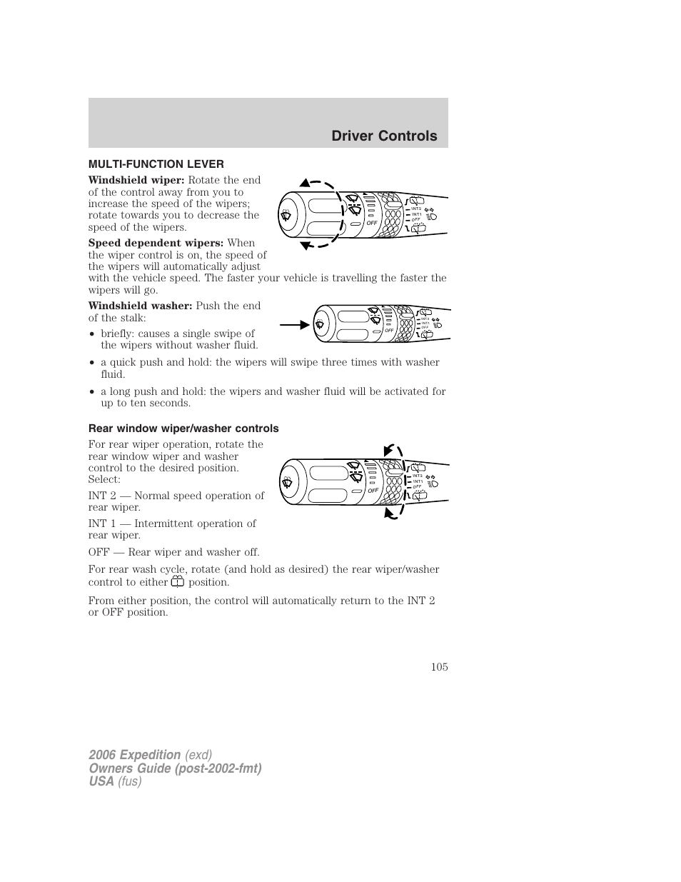 Driver controls, Multi-function lever, Rear window wiper/washer controls | Windshield wiper/washer control | FORD 2006 Expedition v.2 User Manual | Page 105 / 368