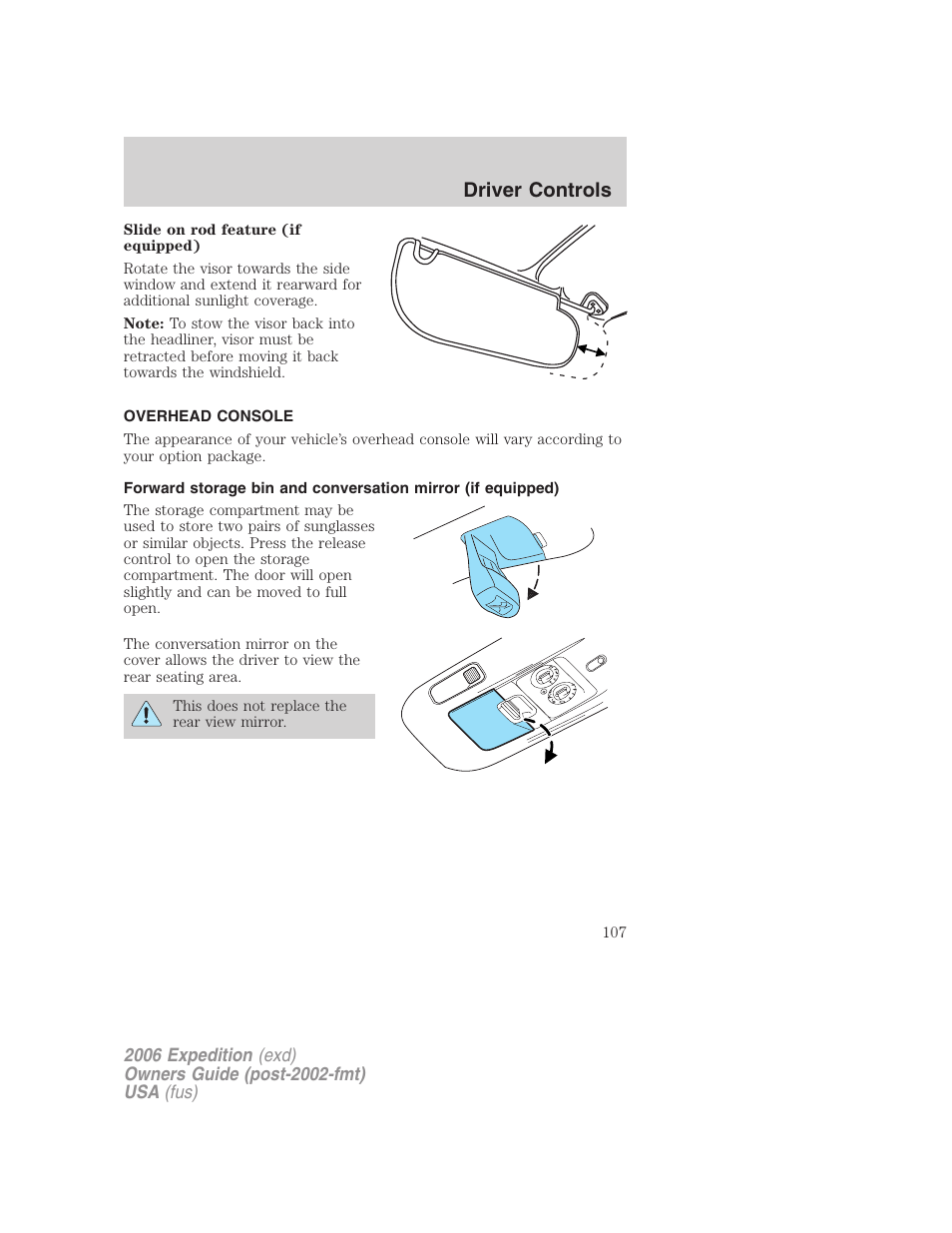 Overhead console, Driver controls | FORD 2006 Expedition v.2 User Manual | Page 107 / 368