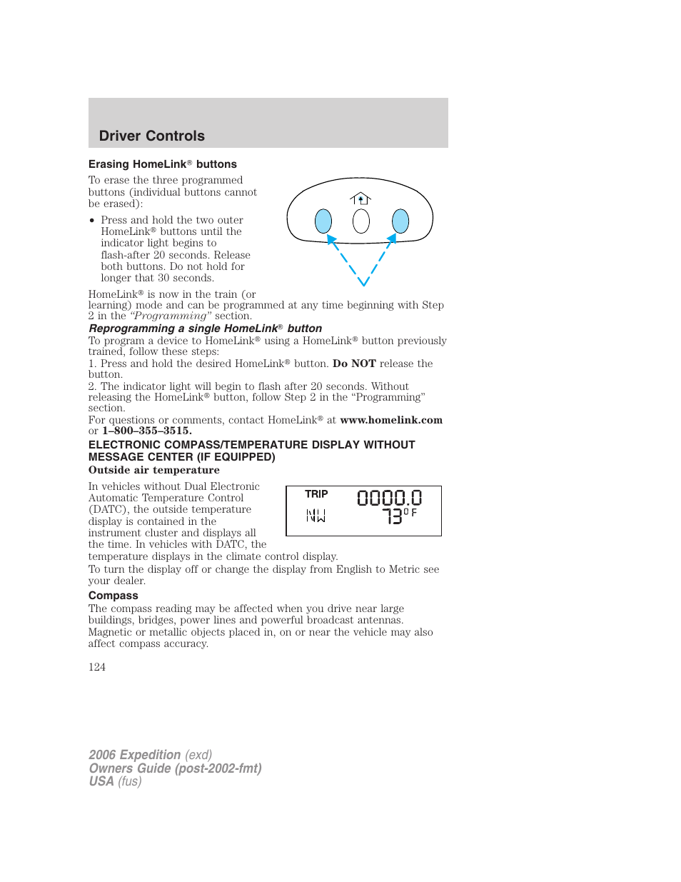 Erasing homelink buttons, Reprogramming a single homelink button, Compass | Driver controls | FORD 2006 Expedition v.2 User Manual | Page 124 / 368