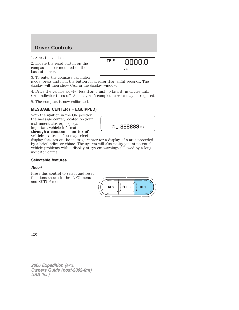 Message center (if equipped), Selectable features, Reset | Message center, Driver controls | FORD 2006 Expedition v.2 User Manual | Page 126 / 368