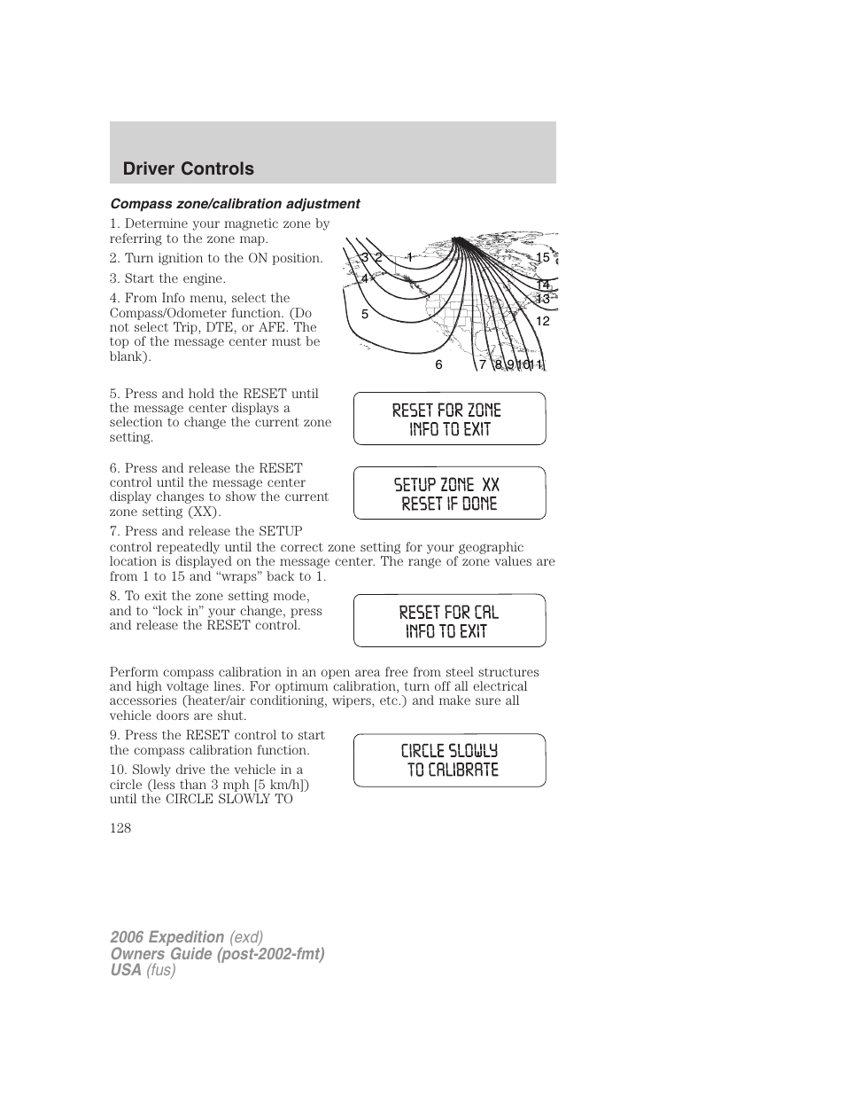 Compass zone/calibration adjustment, Driver controls | FORD 2006 Expedition v.2 User Manual | Page 128 / 368