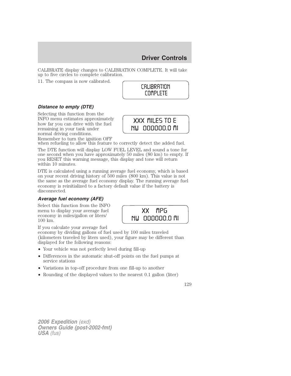 Distance to empty (dte), Average fuel economy (afe), Driver controls | FORD 2006 Expedition v.2 User Manual | Page 129 / 368