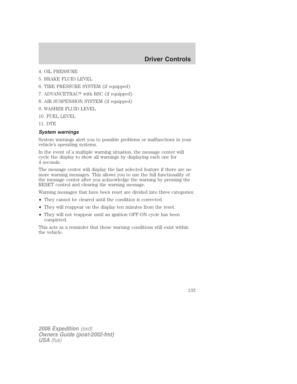 System warnings, Driver controls | FORD 2006 Expedition v.2 User Manual | Page 133 / 368