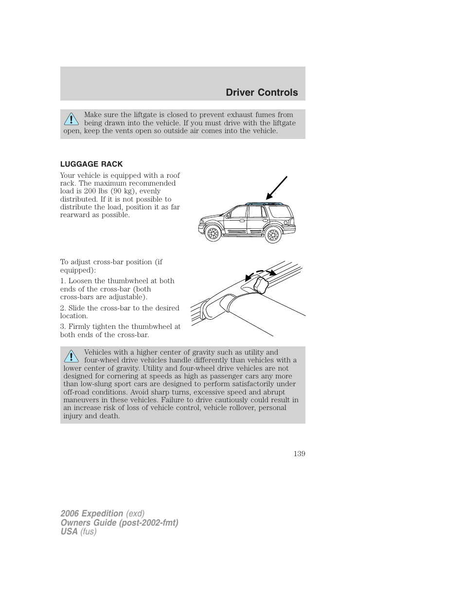Luggage rack, Driver controls | FORD 2006 Expedition v.2 User Manual | Page 139 / 368