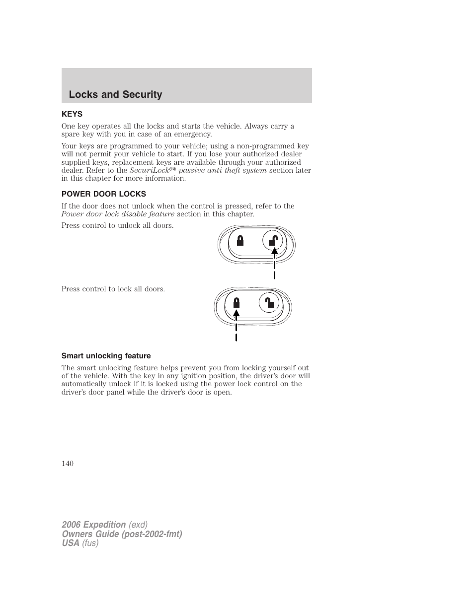 Locks and security, Keys, Power door locks | Smart unlocking feature, Locks | FORD 2006 Expedition v.2 User Manual | Page 140 / 368