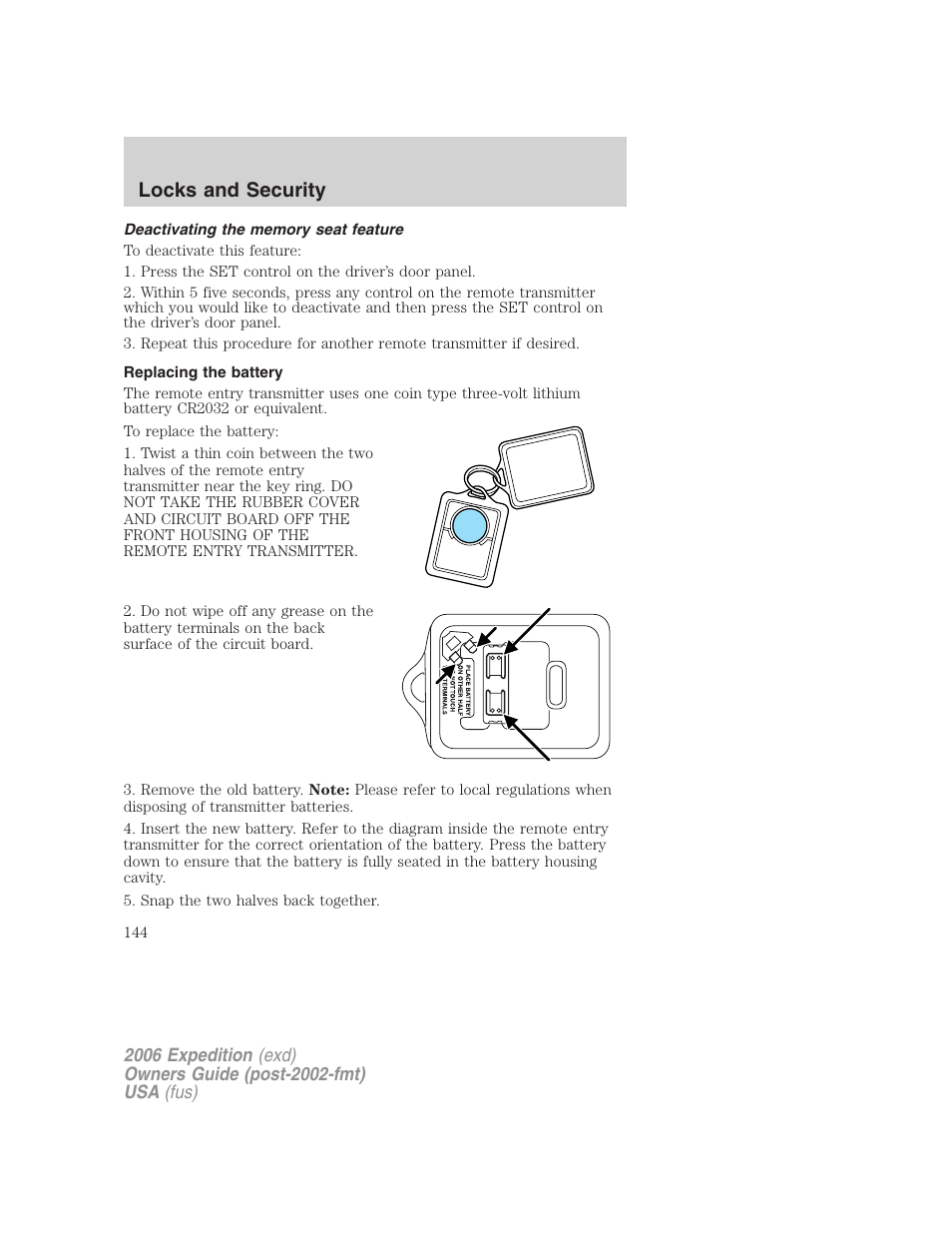 Deactivating the memory seat feature, Replacing the battery, Locks and security | FORD 2006 Expedition v.2 User Manual | Page 144 / 368