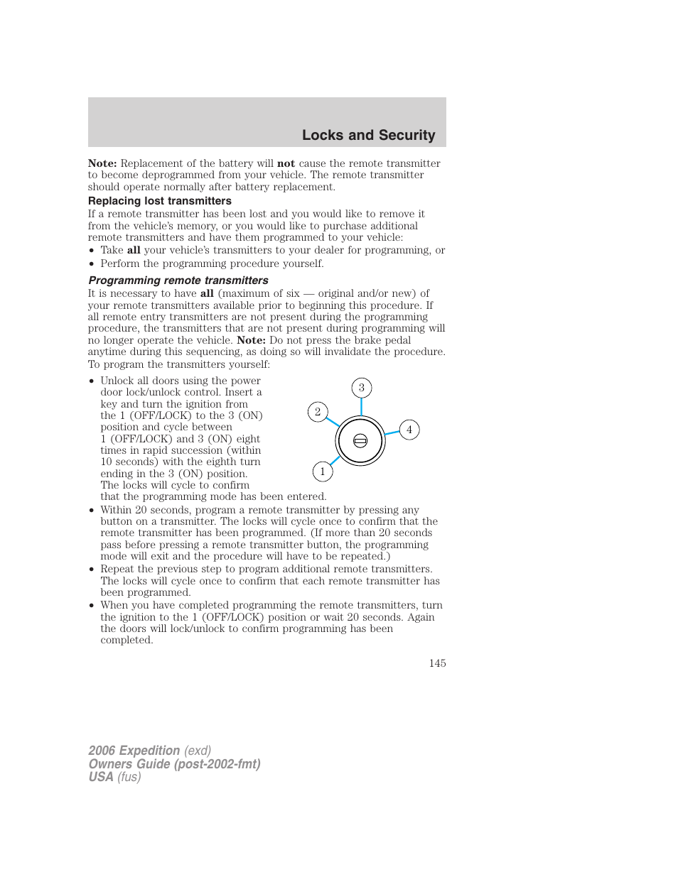 Replacing lost transmitters, Programming remote transmitters, Locks and security | FORD 2006 Expedition v.2 User Manual | Page 145 / 368