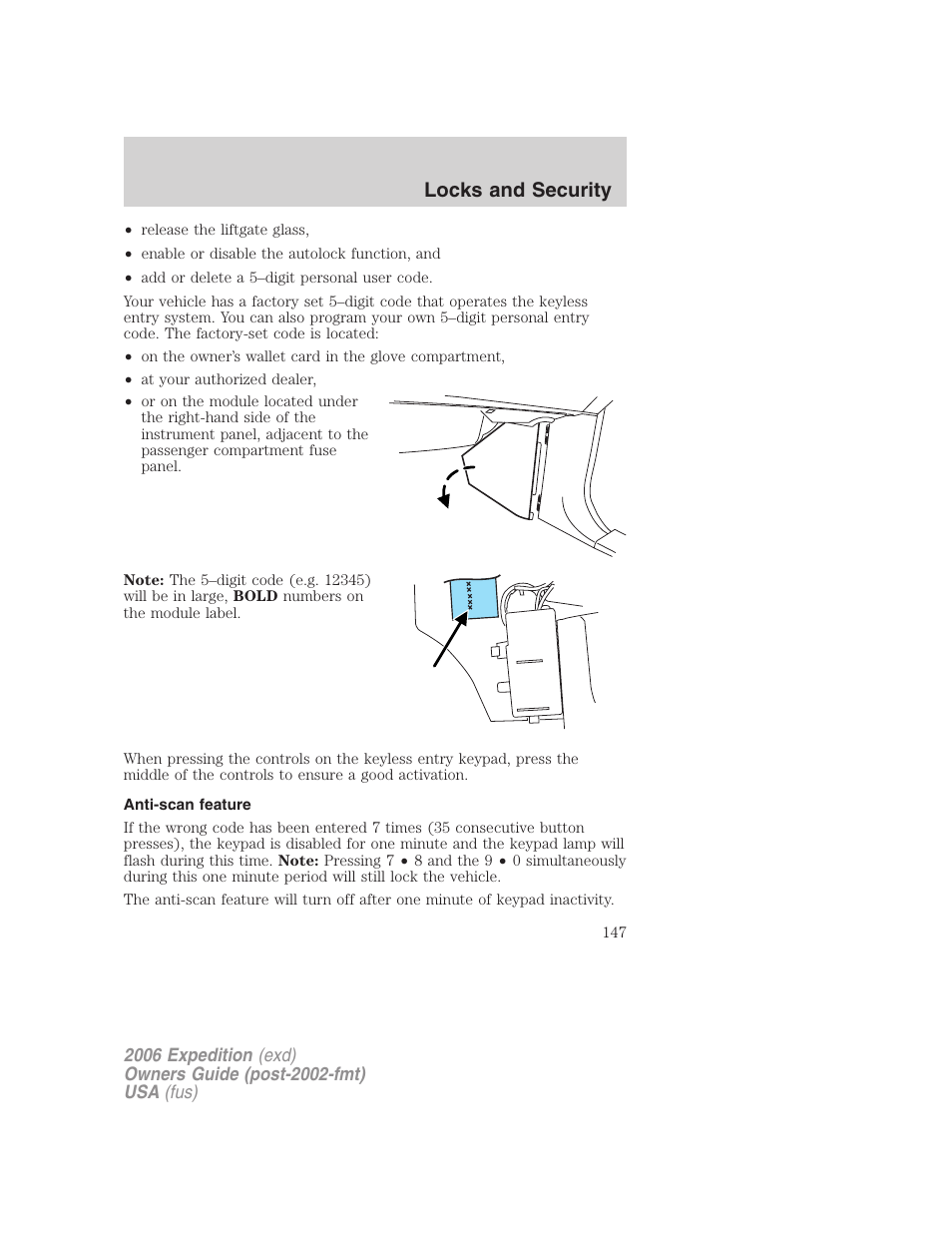 Anti-scan feature, Locks and security | FORD 2006 Expedition v.2 User Manual | Page 147 / 368