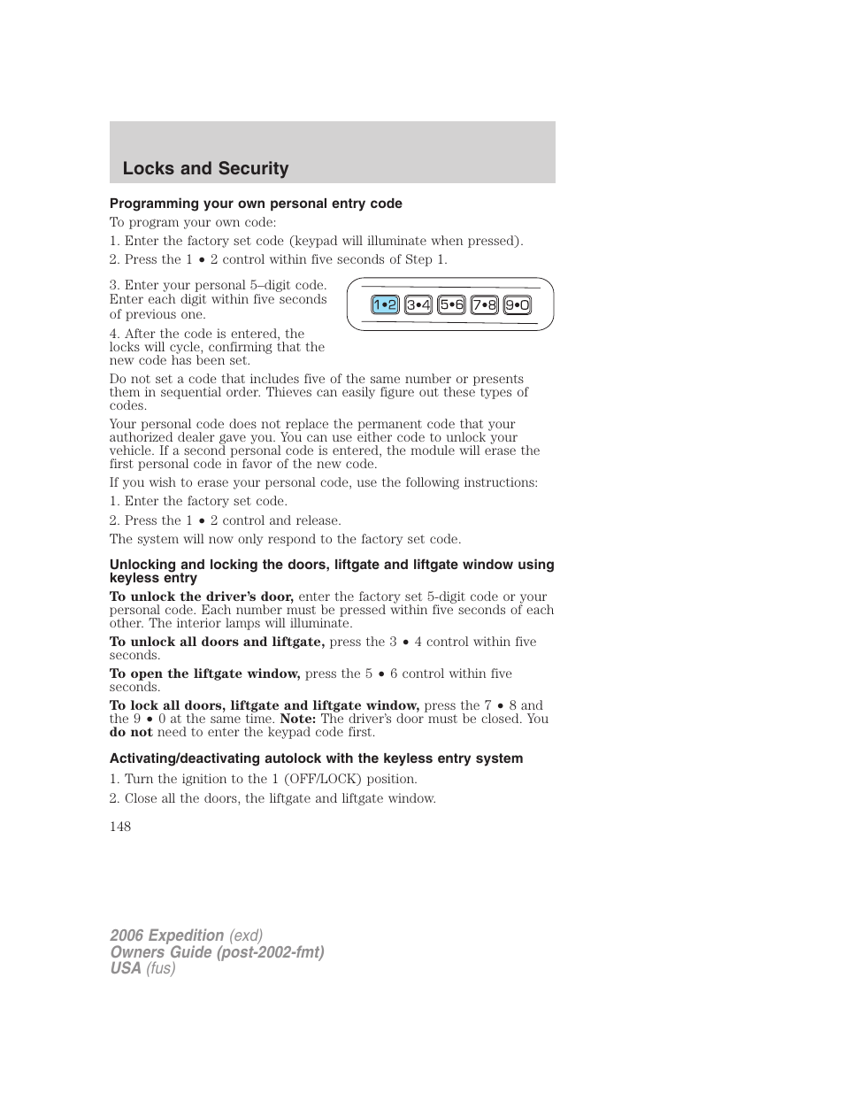 Programming your own personal entry code, Locks and security | FORD 2006 Expedition v.2 User Manual | Page 148 / 368