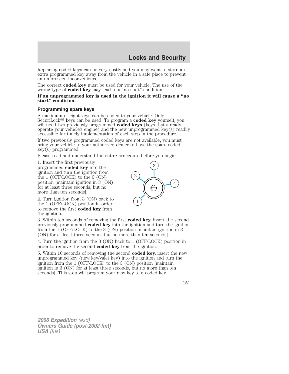 Programming spare keys, Locks and security | FORD 2006 Expedition v.2 User Manual | Page 151 / 368