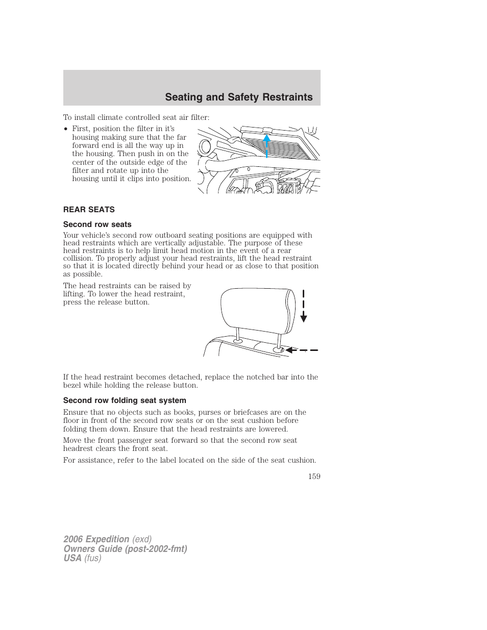 Rear seats, Second row seats, Second row folding seat system | Seating and safety restraints | FORD 2006 Expedition v.2 User Manual | Page 159 / 368