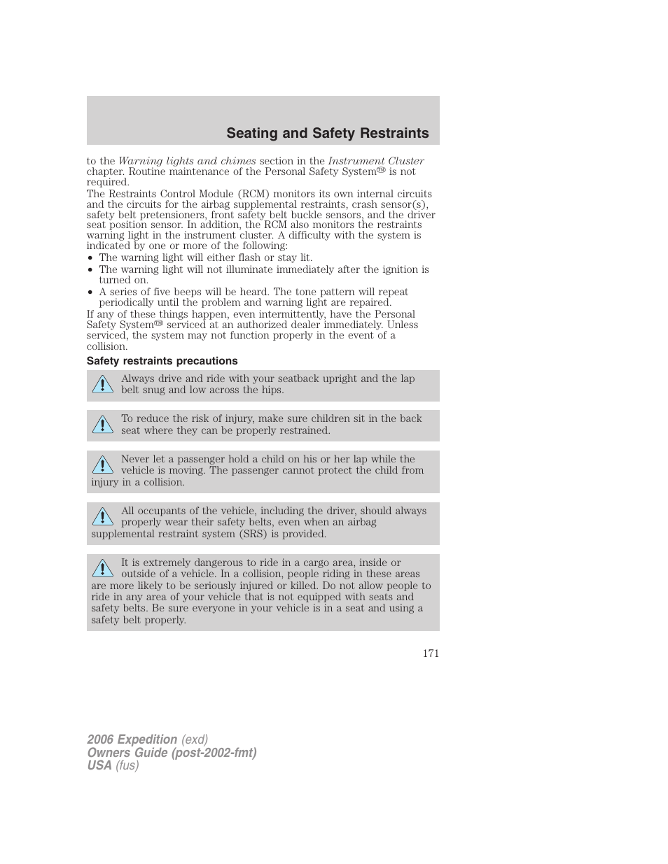 Safety restraints precautions, Seating and safety restraints | FORD 2006 Expedition v.2 User Manual | Page 171 / 368