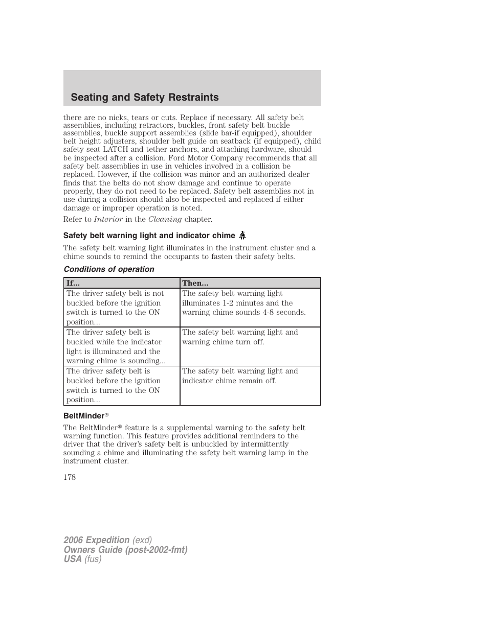 Safety belt warning light and indicator chime, Conditions of operation, Beltminder | Seating and safety restraints | FORD 2006 Expedition v.2 User Manual | Page 178 / 368