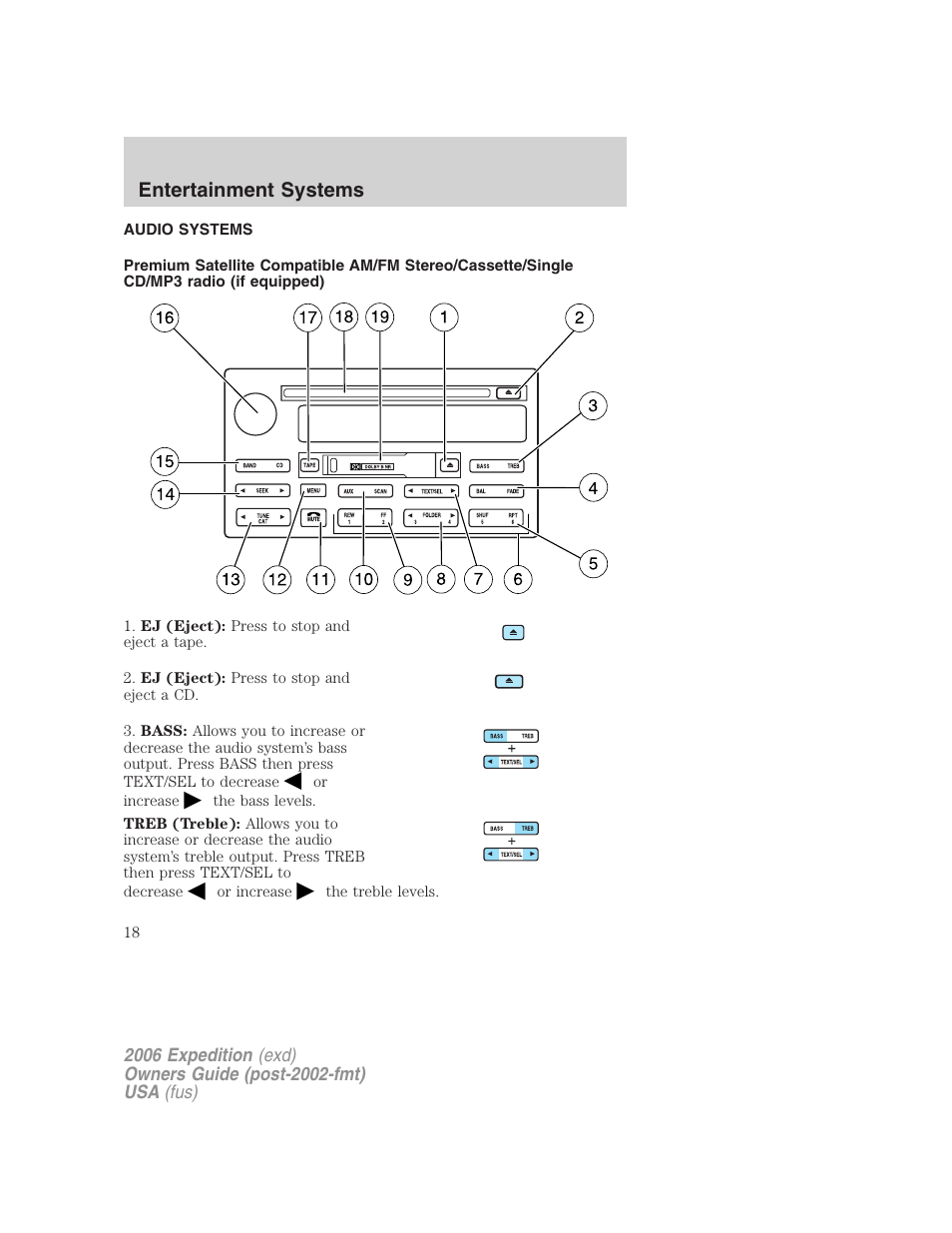 Entertainment systems, Audio systems, Am/fm stereo cassette with cd | FORD 2006 Expedition v.2 User Manual | Page 18 / 368