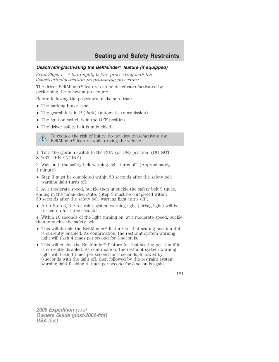 Seating and safety restraints | FORD 2006 Expedition v.2 User Manual | Page 181 / 368