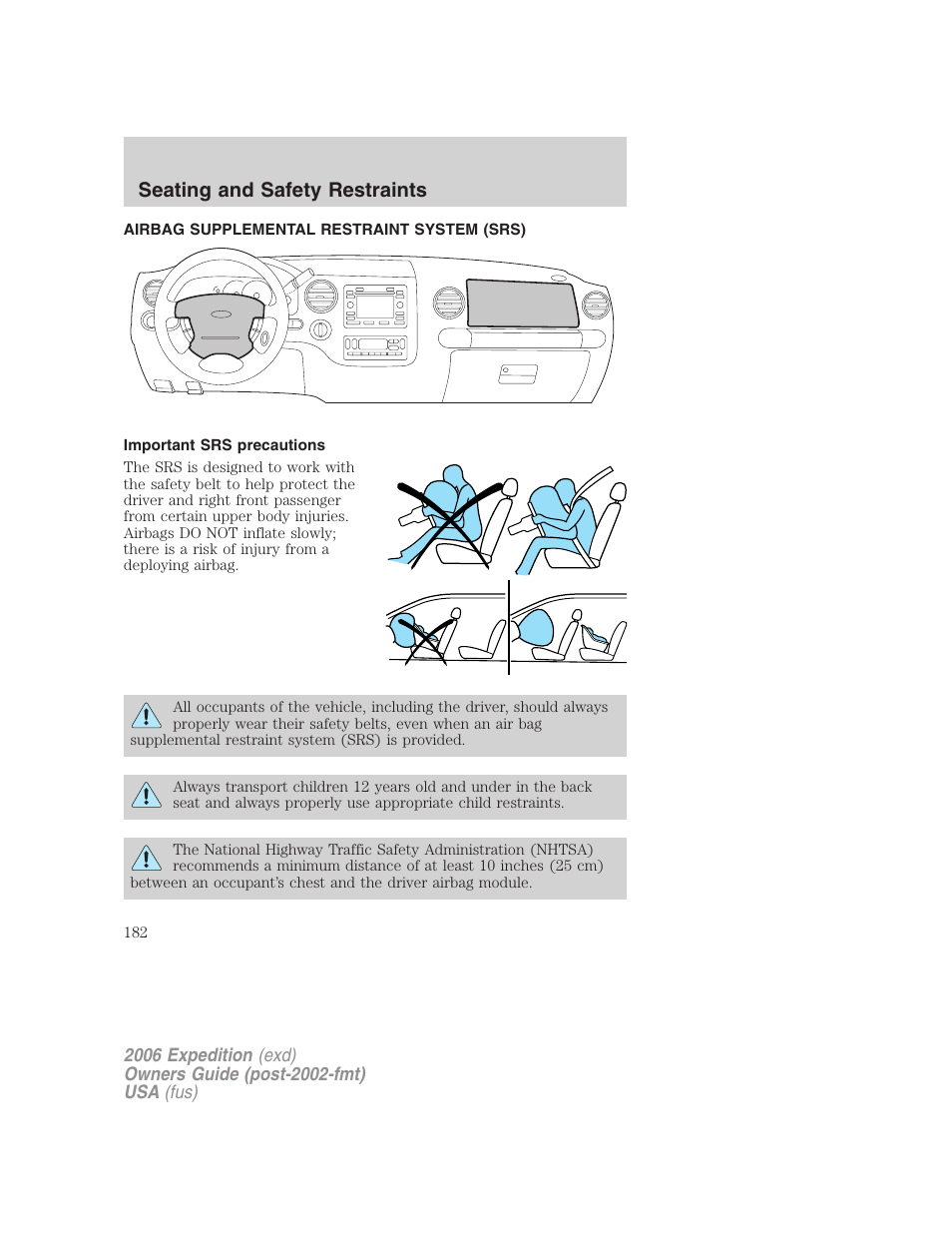 Airbag supplemental restraint system (srs), Important srs precautions, Airbags | Seating and safety restraints | FORD 2006 Expedition v.2 User Manual | Page 182 / 368