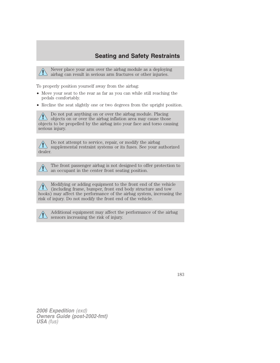 Seating and safety restraints | FORD 2006 Expedition v.2 User Manual | Page 183 / 368
