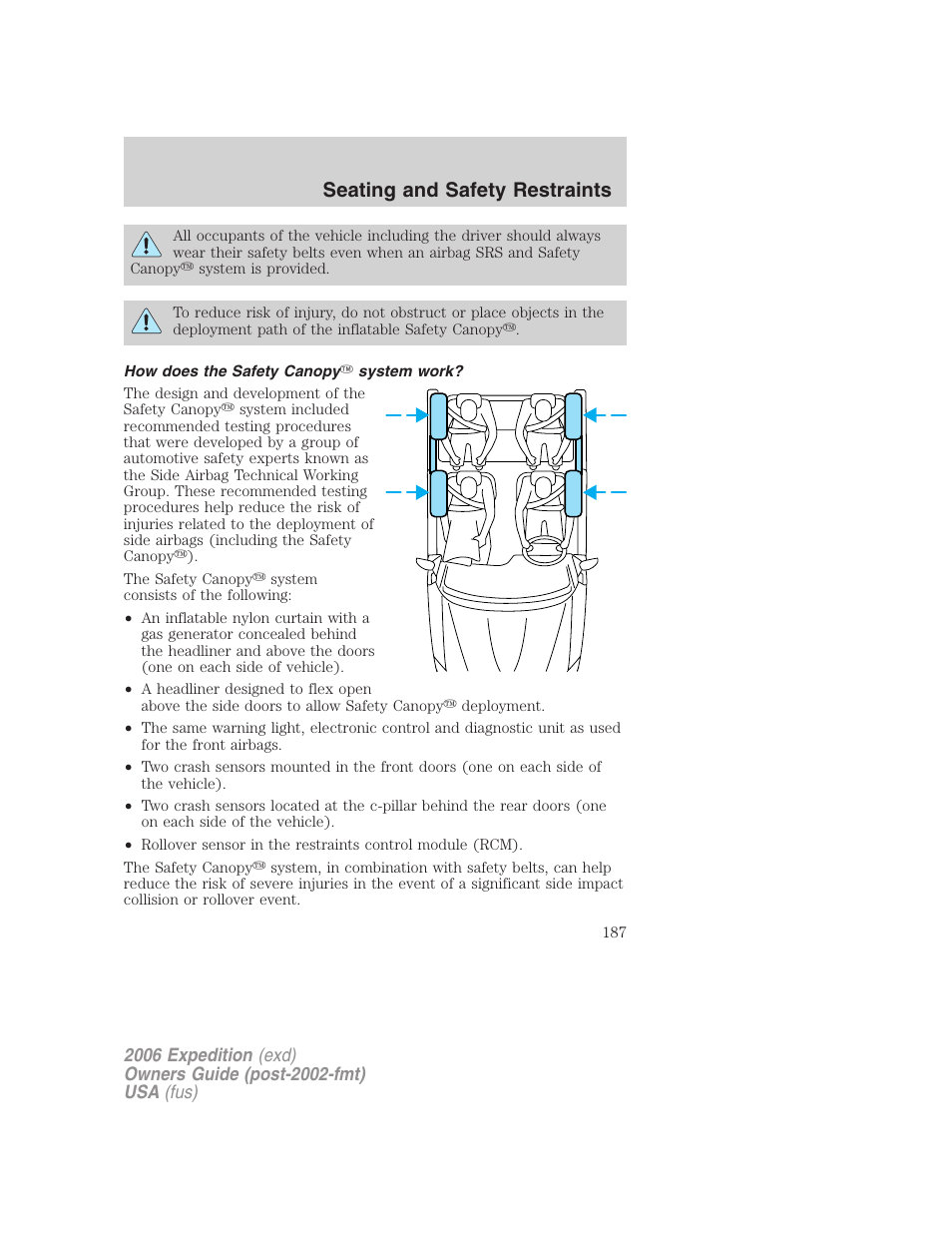 How does the safety canopy system work, Seating and safety restraints | FORD 2006 Expedition v.2 User Manual | Page 187 / 368