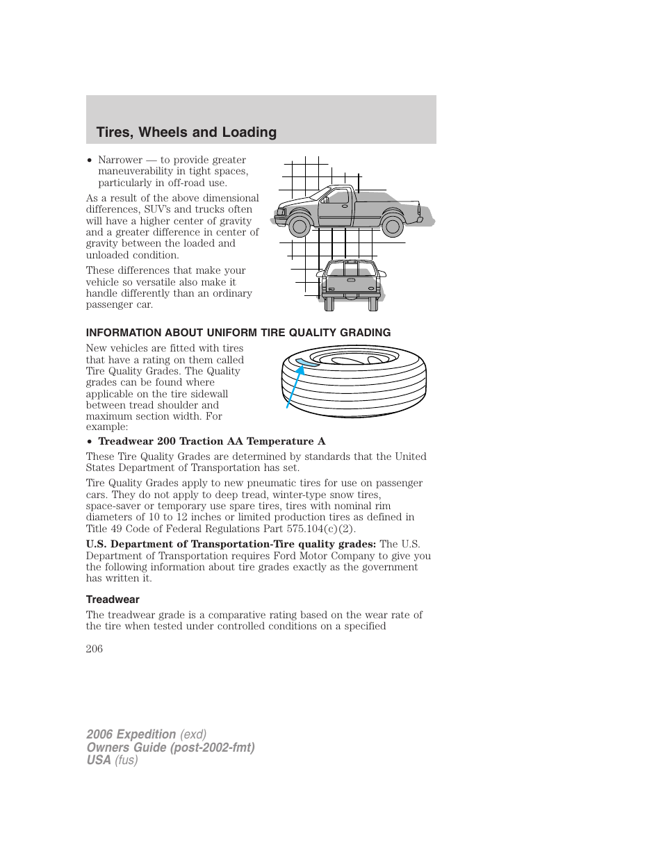 Information about uniform tire quality grading, Treadwear, Tire information | Tires, wheels and loading | FORD 2006 Expedition v.2 User Manual | Page 206 / 368