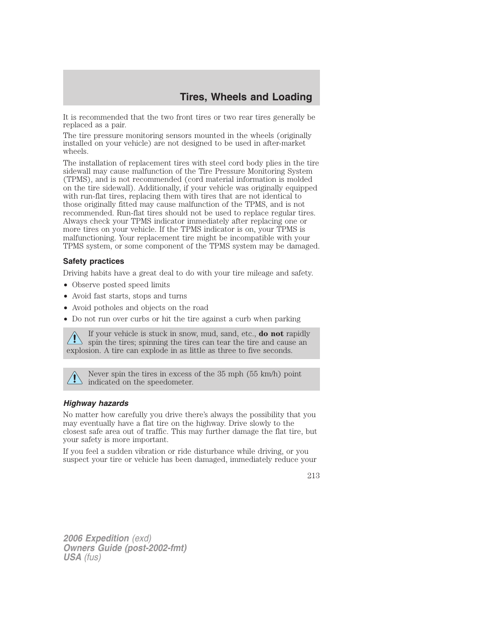 Safety practices, Highway hazards, Tires, wheels and loading | FORD 2006 Expedition v.2 User Manual | Page 213 / 368