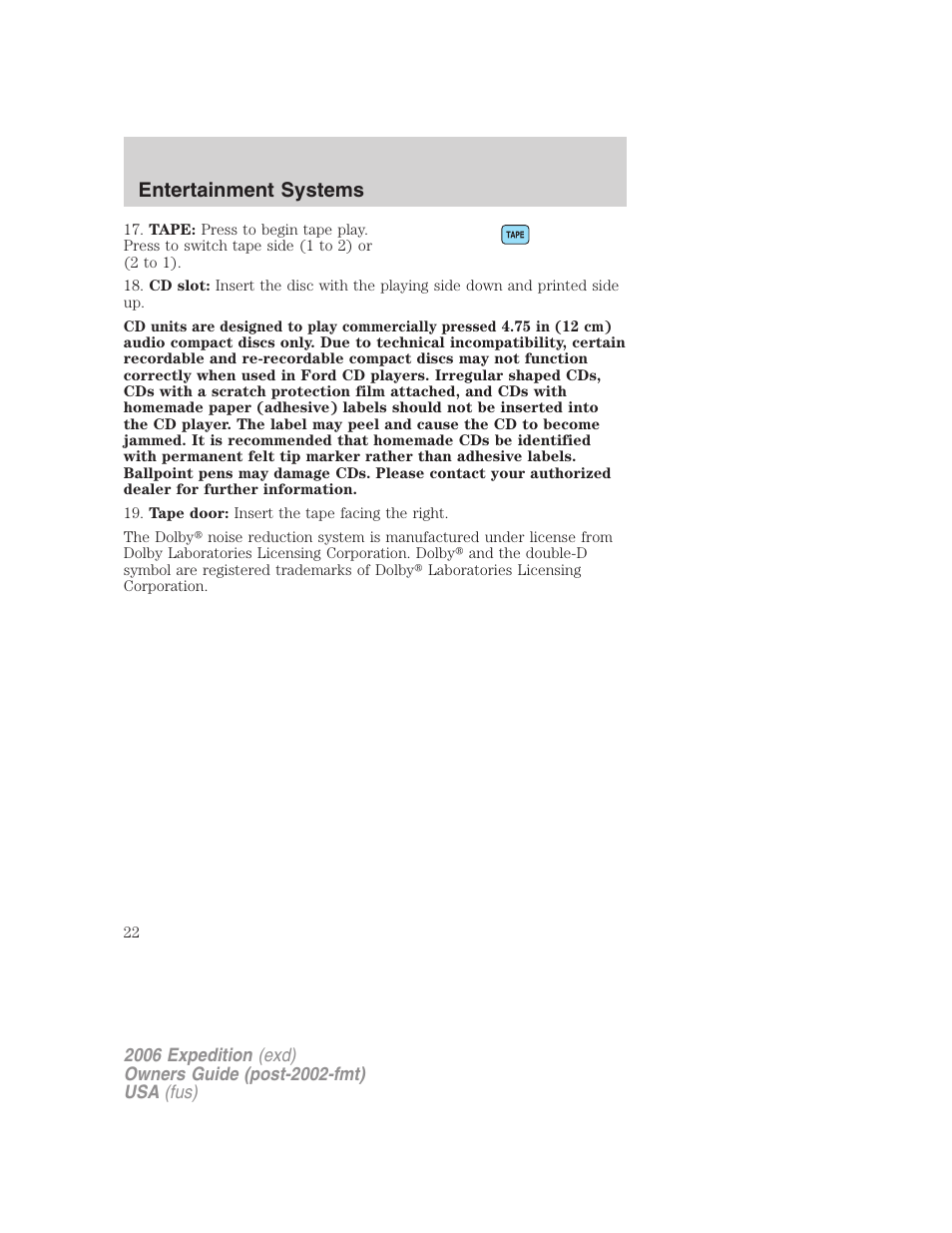 Entertainment systems | FORD 2006 Expedition v.2 User Manual | Page 22 / 368