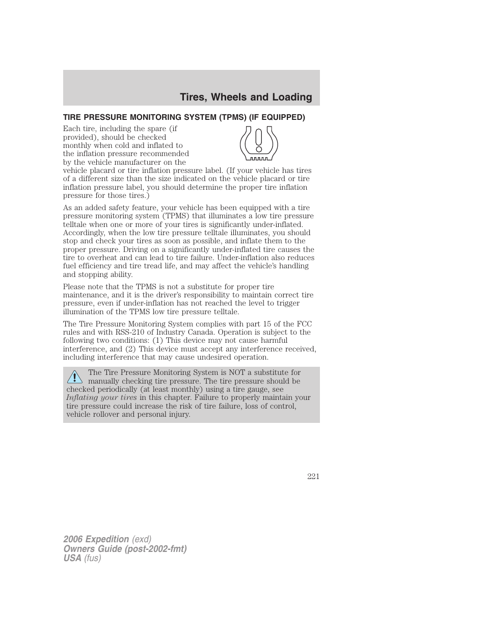 Tire pressure monitoring system (tpms), Tires, wheels and loading | FORD 2006 Expedition v.2 User Manual | Page 221 / 368