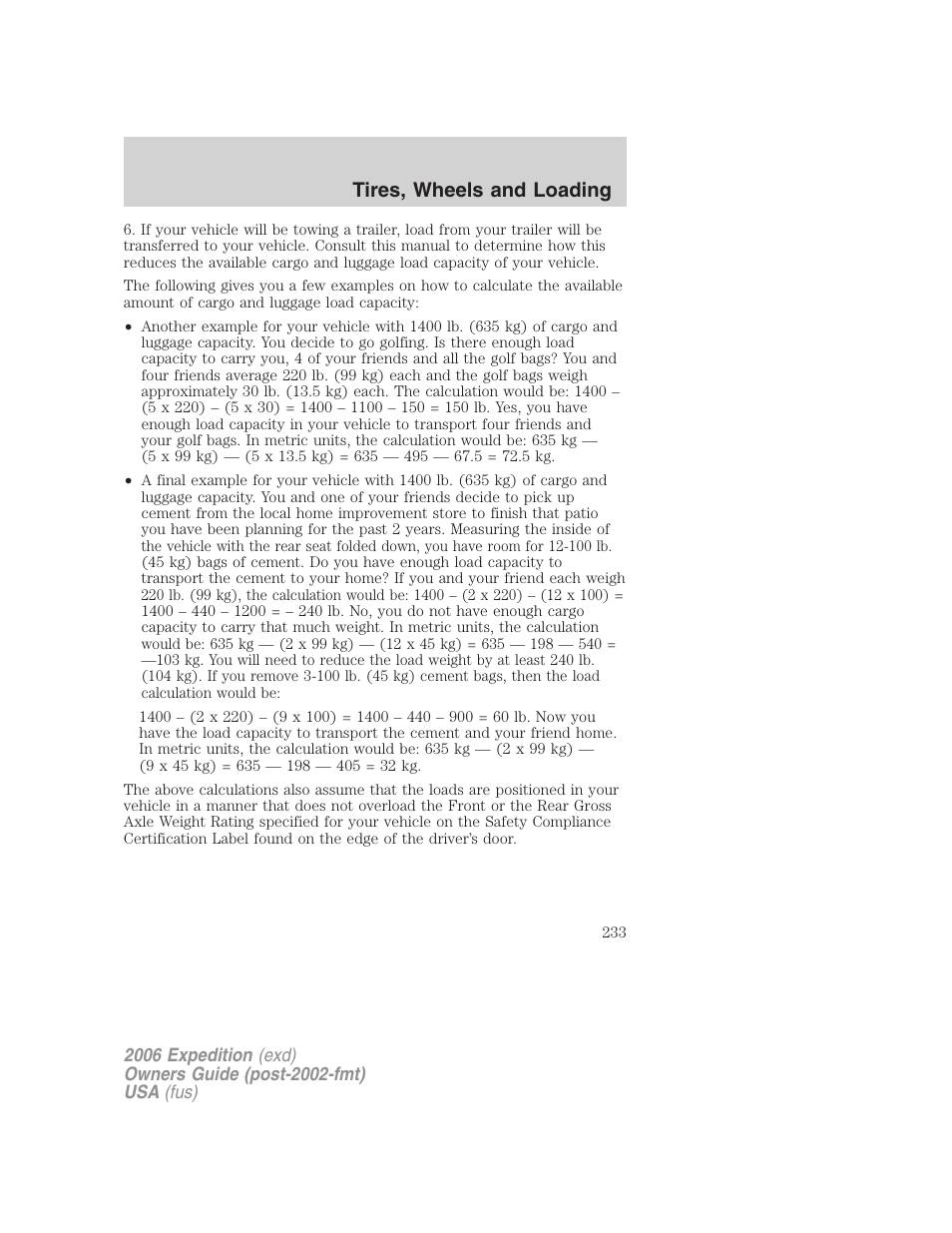 Tires, wheels and loading | FORD 2006 Expedition v.2 User Manual | Page 233 / 368