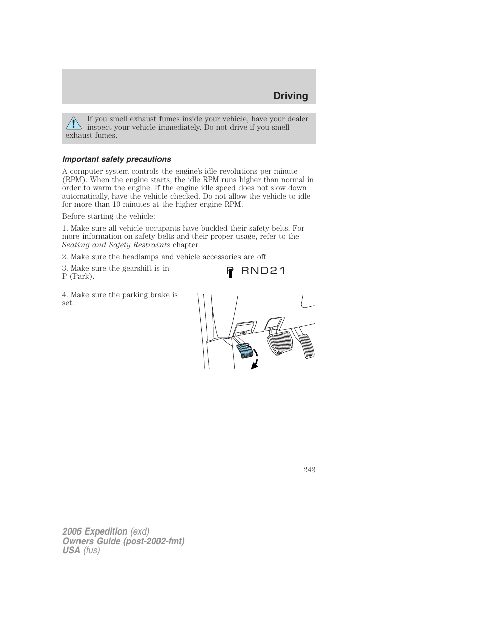 Important safety precautions, Driving | FORD 2006 Expedition v.2 User Manual | Page 243 / 368