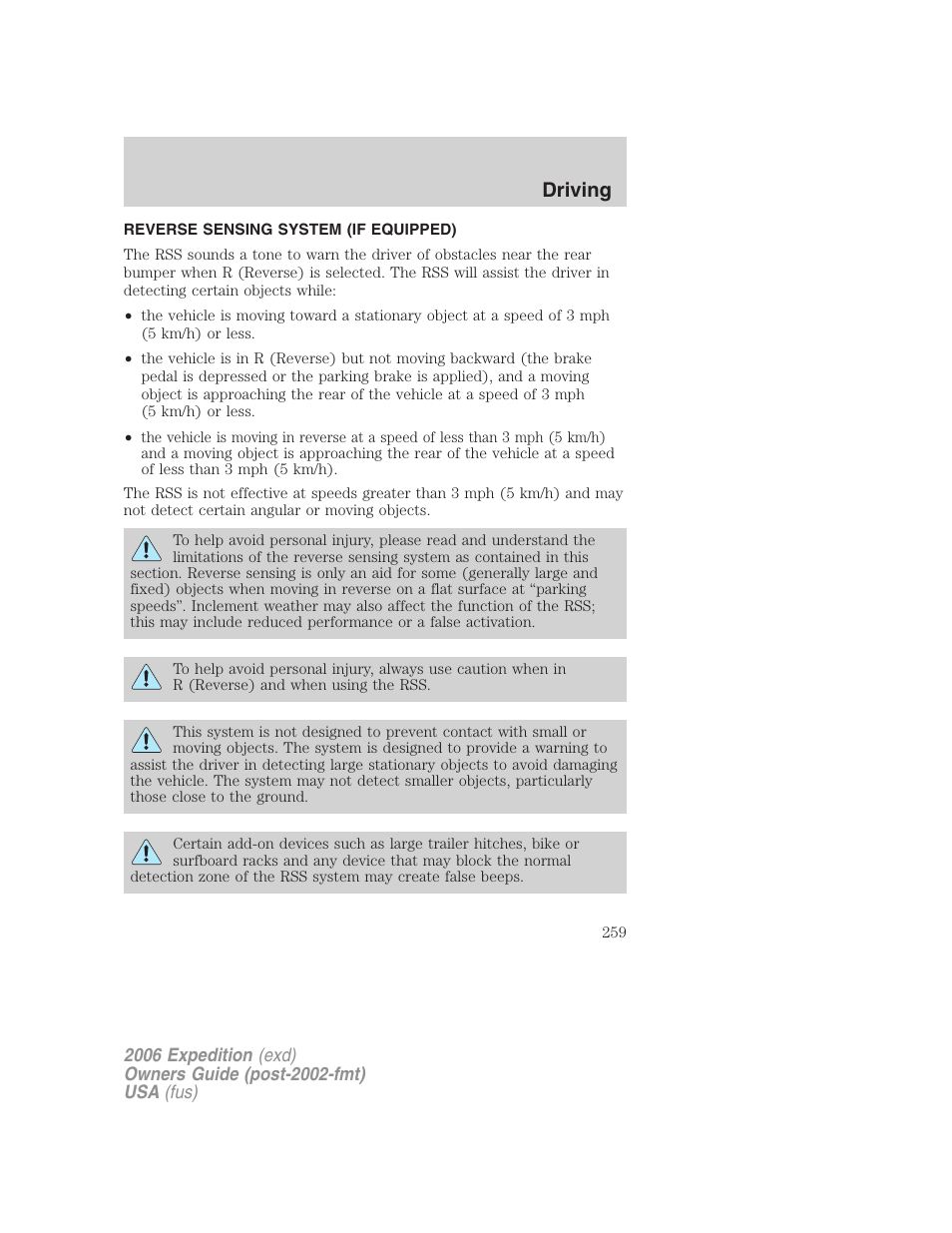 Reverse sensing system (if equipped), Driving | FORD 2006 Expedition v.2 User Manual | Page 259 / 368