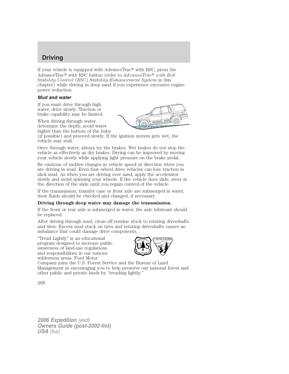 Mud and water, Driving | FORD 2006 Expedition v.2 User Manual | Page 268 / 368