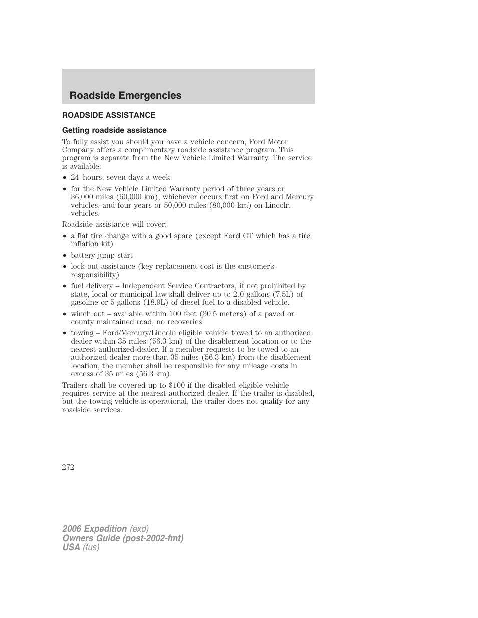 Roadside emergencies, Roadside assistance, Getting roadside assistance | FORD 2006 Expedition v.2 User Manual | Page 272 / 368