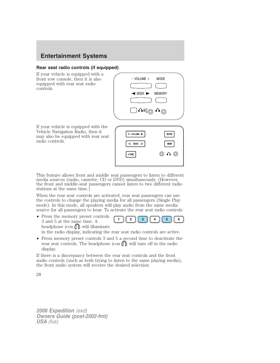 Rear seat radio controls (if equipped), Rear seat controls, Entertainment systems | FORD 2006 Expedition v.2 User Manual | Page 28 / 368