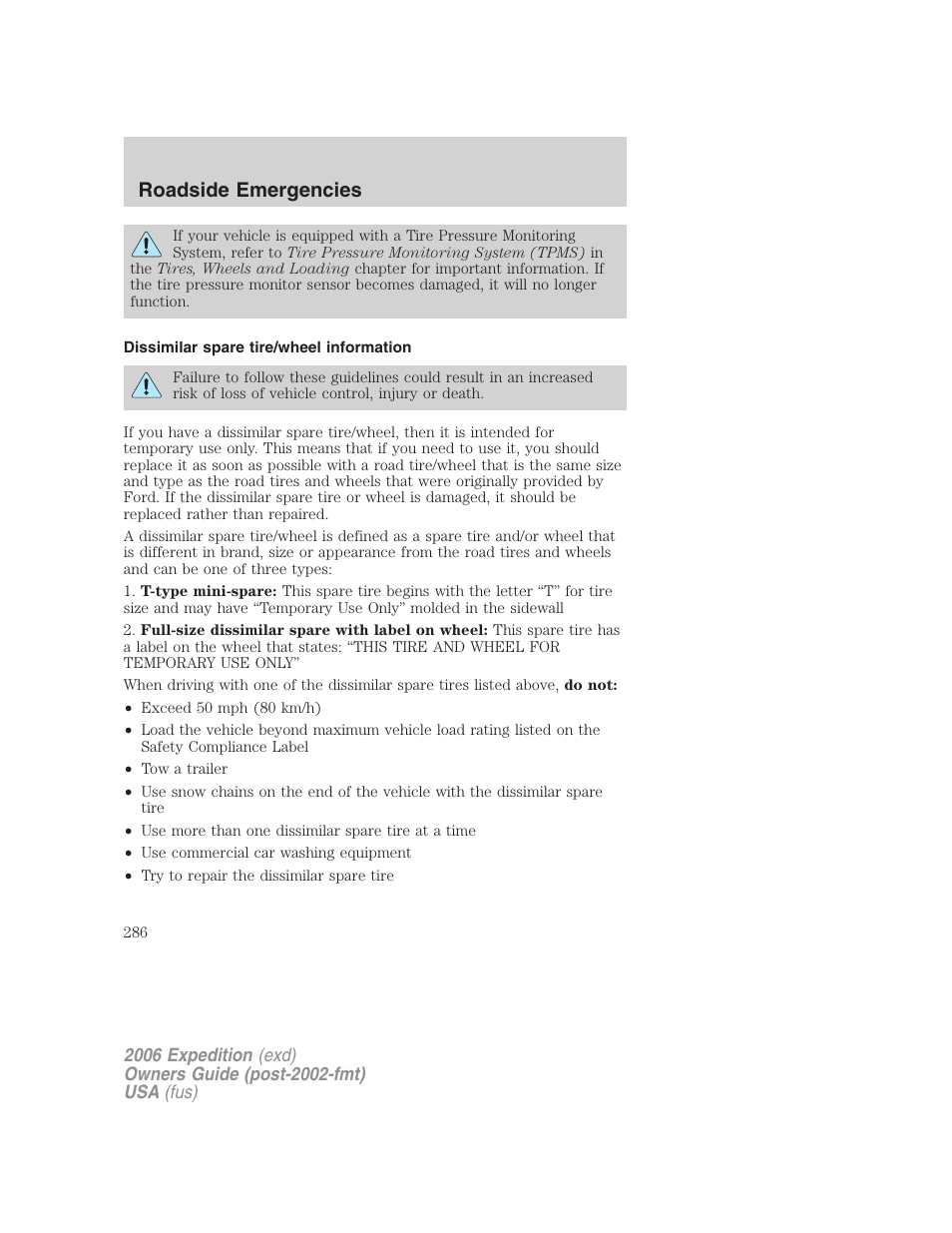 Dissimilar spare tire/wheel information, Roadside emergencies | FORD 2006 Expedition v.2 User Manual | Page 286 / 368