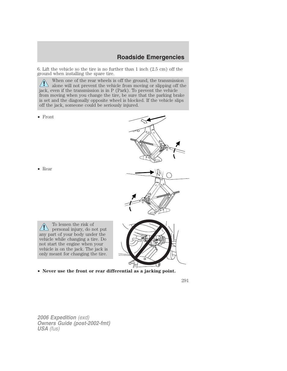 Roadside emergencies | FORD 2006 Expedition v.2 User Manual | Page 291 / 368