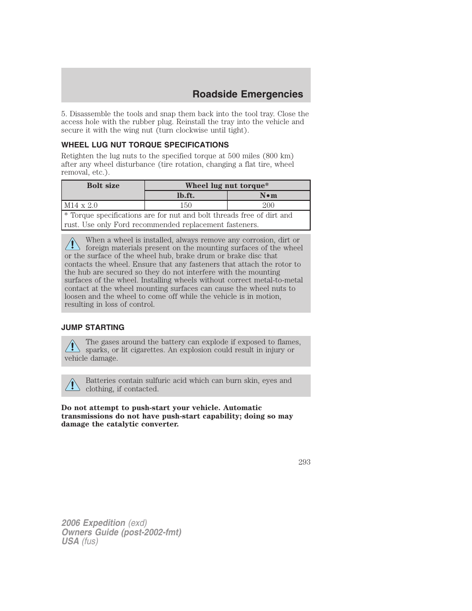 Wheel lug nut torque specifications, Jump starting, Lug nut torque | Roadside emergencies | FORD 2006 Expedition v.2 User Manual | Page 293 / 368